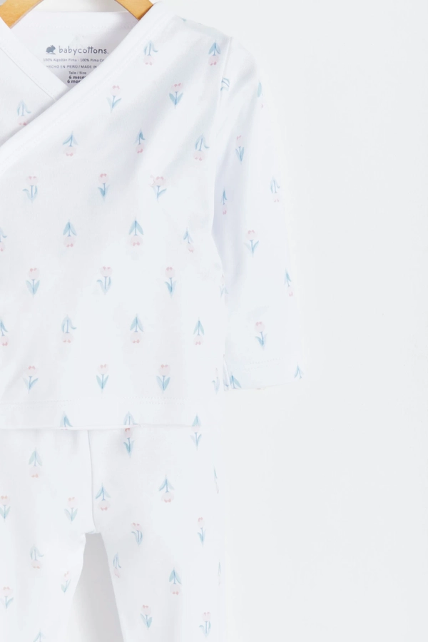 Premium Peruvian Pima Cotton Tulips Kimono Top & Pants Set for Infant. Detail view
