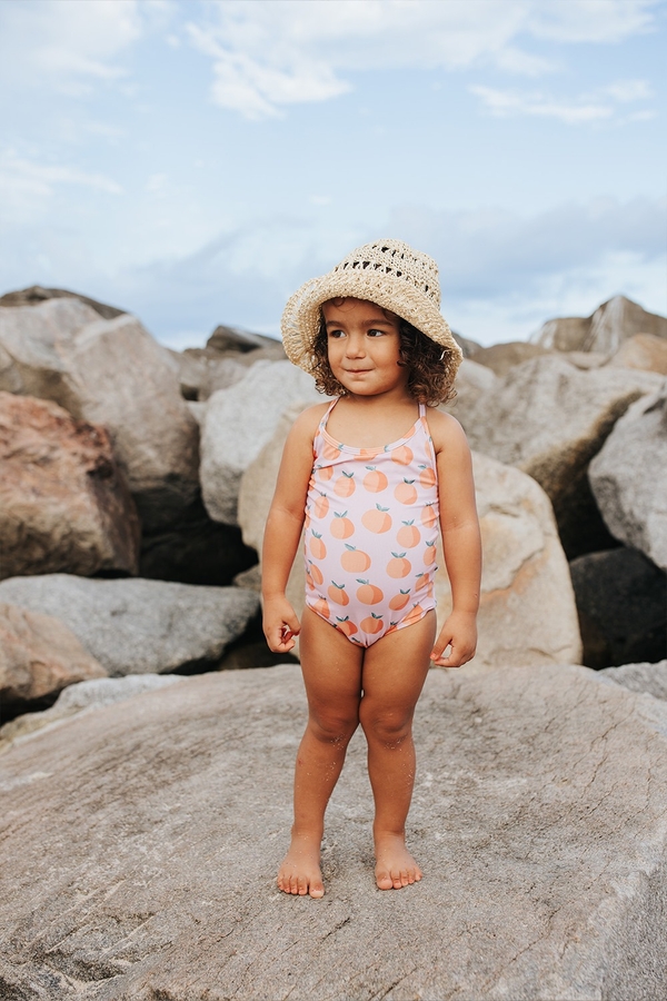Premium Quality Orange Swimsuit for Toddler. Model view