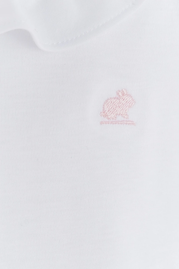 Pima Ruffle Collar Short Sleeve Bodysuit. Embroidery detail view