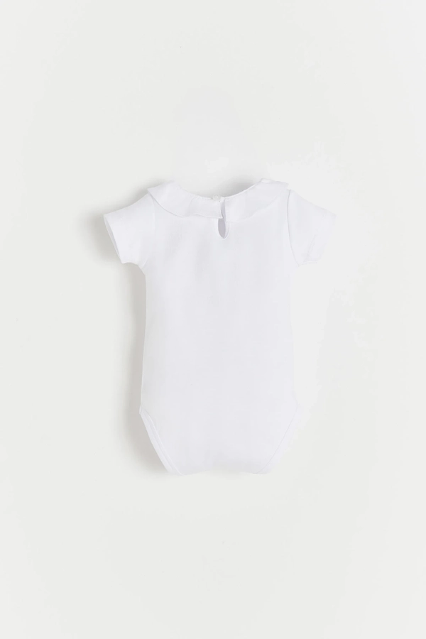 Pima Ruffle Collar Short Sleeve Bodysuit. Back view