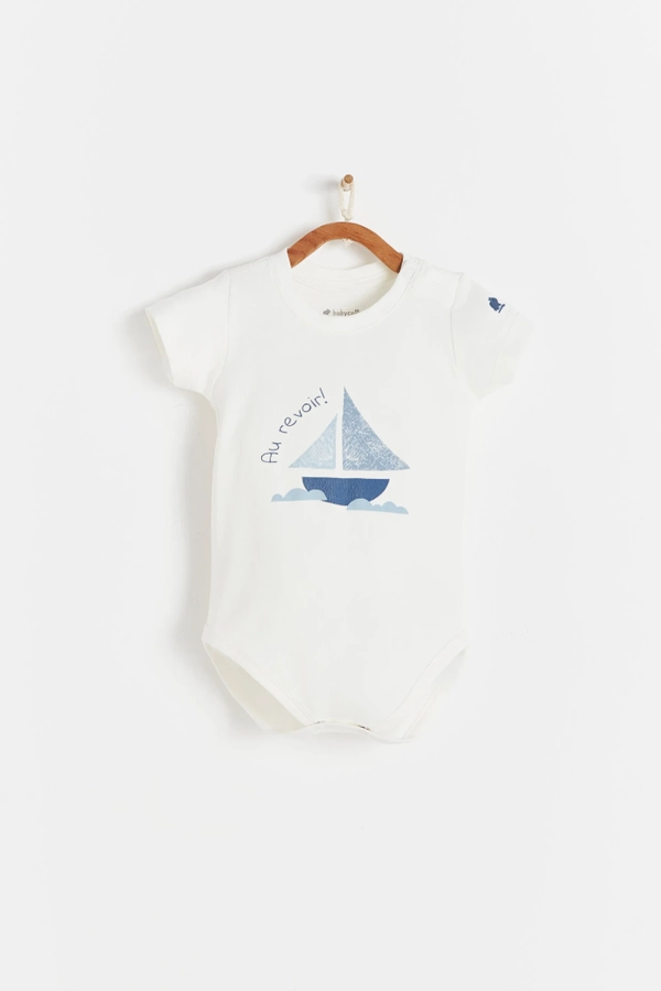 Short Sleeve Bodysuit with round necklace and boat printed at the front. Button snaps on the shoulder for easy fit. Front view