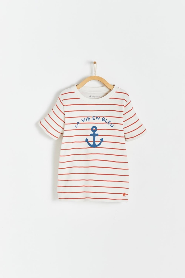 Striped Short Sleeve Tee with round necklace and anchor printed at the front. Made qith soft pima cotton. Front view.