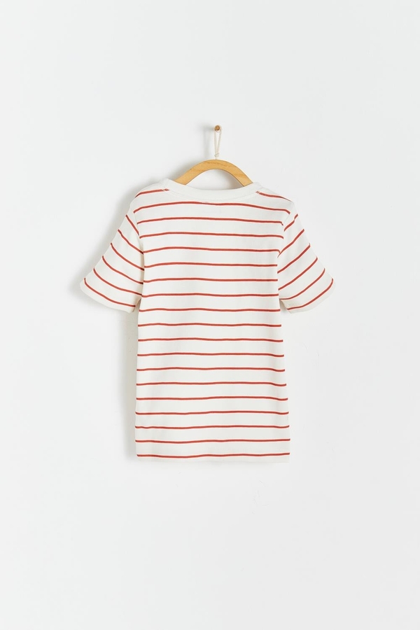 Striped Short Sleeve Tee with round necklace and anchor printed at the front. Made qith soft pima cotton. Back view.