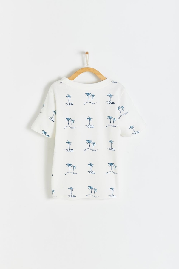 Palms Printed Short Sleeve Tee with round necklace made with soft pima cotton. Back view.