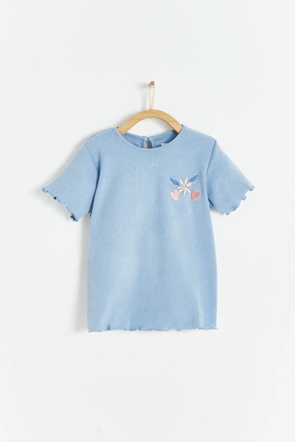 Ribbed Cotton Short Sleeve Top with embroidery at the front and button at the back for easy fit. Front view.