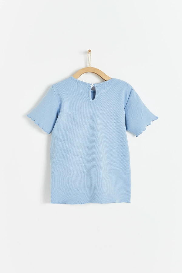 Ribbed Cotton Short Sleeve Top with embroidery at the front and button at the back for easy fit. Back view.