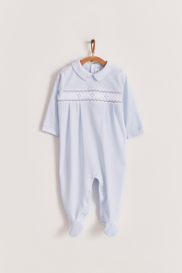 Premium Peruvian Pima Cotton Smock Pima Footed Playsuit For Infant. Front view