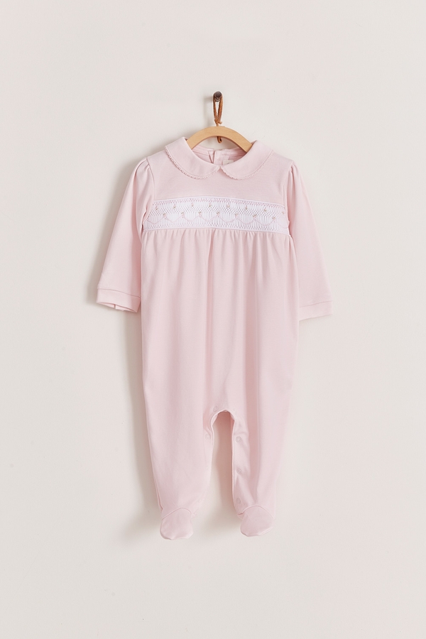 Premium Peruvian Pima Cotton Smock Pima Footed Playsuit For Infant. Front view