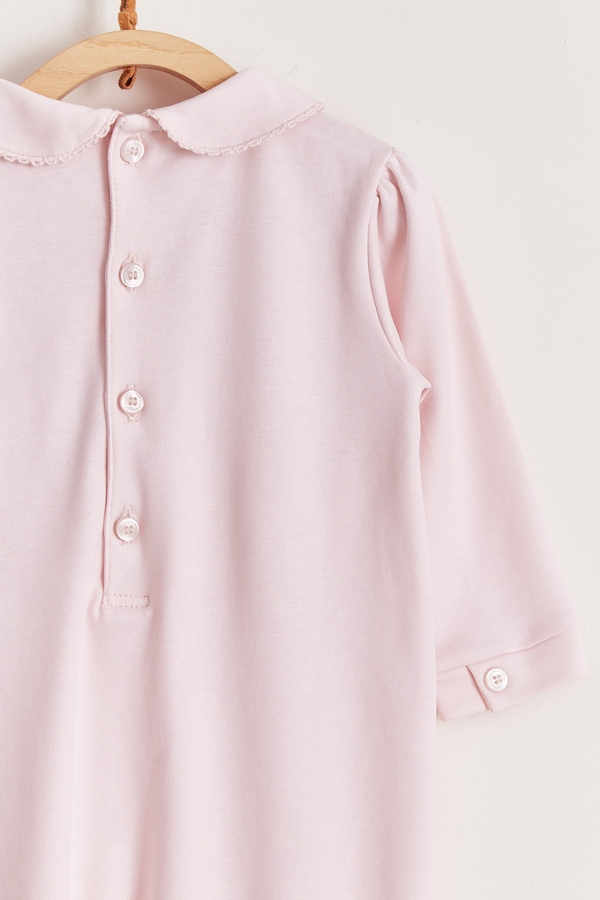 Premium Peruvian Pima Cotton Smock Pima Footed Playsuit For Infant. Back view