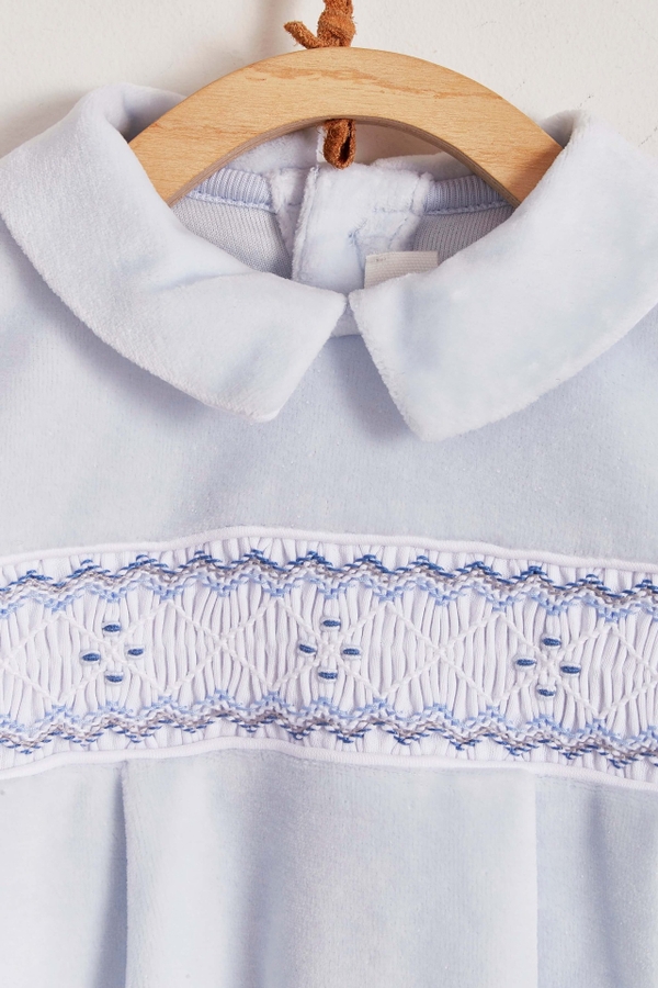 Premium Peruvian Pima Cotton Smock Plush Footed Playsuit For Infant. Embroidery detail view