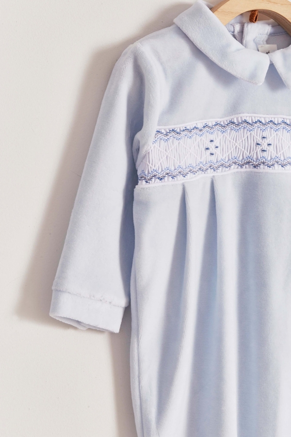 Premium Peruvian Pima Cotton Smock Plush Footed Playsuit For Infant. Detail view
