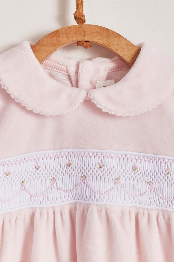 Premium Peruvian Pima Cotton Smock Plush Footed Playsuit For Infant. Embroidery detail view
