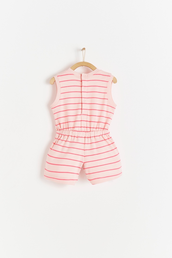 Niza Pink Striped Romper. Made with soft cotton. Sleevless and round necklace. Buttons at the back. Back view
