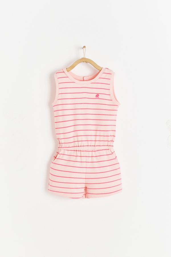 Niza Pink Striped Romper. Made with soft cotton. Sleevless and round necklace. Front view