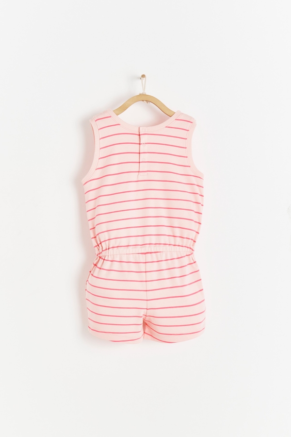 Niza Pink Striped Romper. Made with soft cotton. Sleevless and round necklace. Back view
