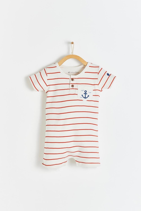 Striped Short Pocket Romper. Round necklace with buttons. Short sleeves and pocket at the front. Front view
