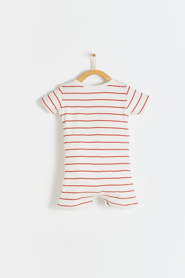 Striped Short Pocket Romper. Round necklace with buttons. Short sleeves and pocket at the front. Back view