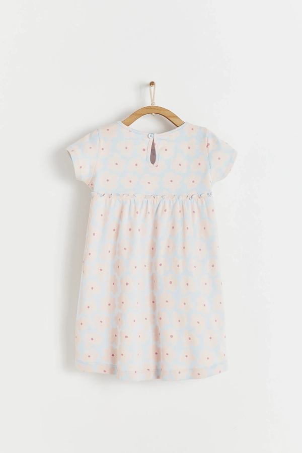 Flower Cotton Dress. Short sleeve and round necklace. Back view.