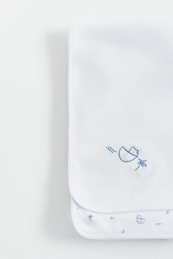 Premium Peruvian Pima Cotton Oceania Receiving Blanket for Infant. Embroidery view