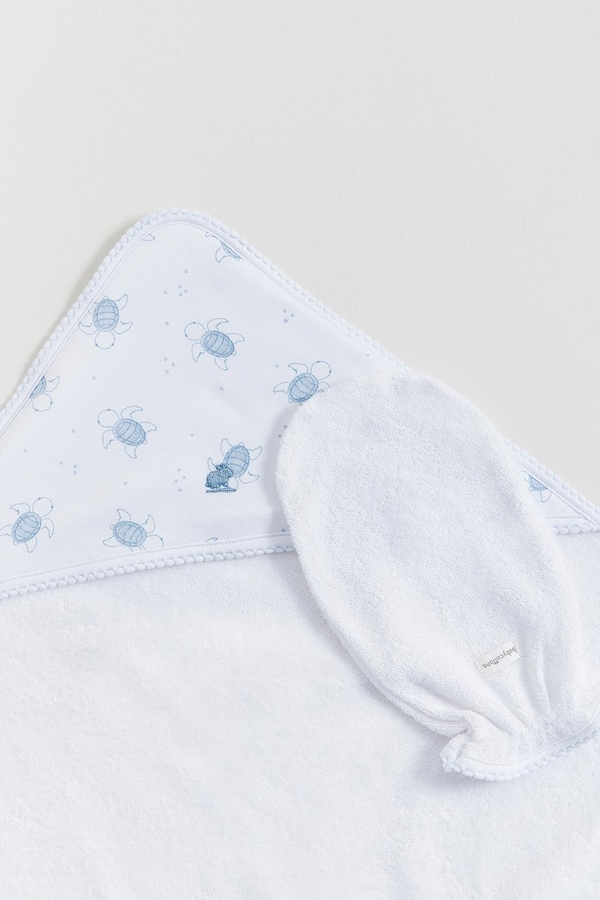 Premium Cotton Turtles Small Hooded Towel for Infant. Hood and glove view